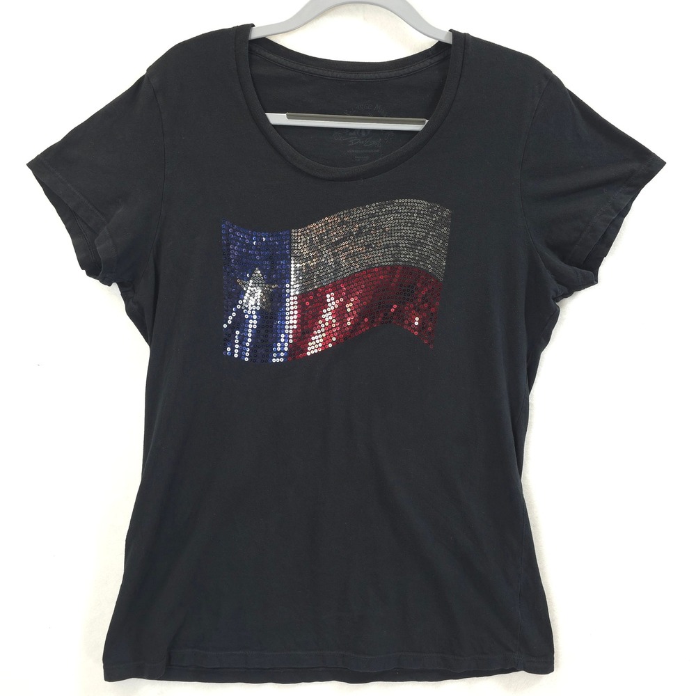 Texas Flag Sequin T-Shirt Short Sleeve Black Women XL Americana Style Patriotic
